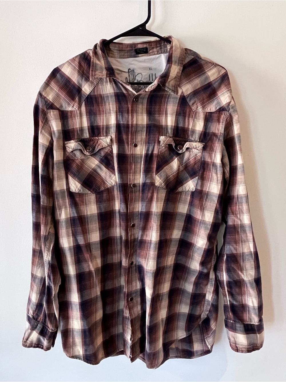 Men's Plaid Button-Up pearl snap Shirt - Brown & Cream